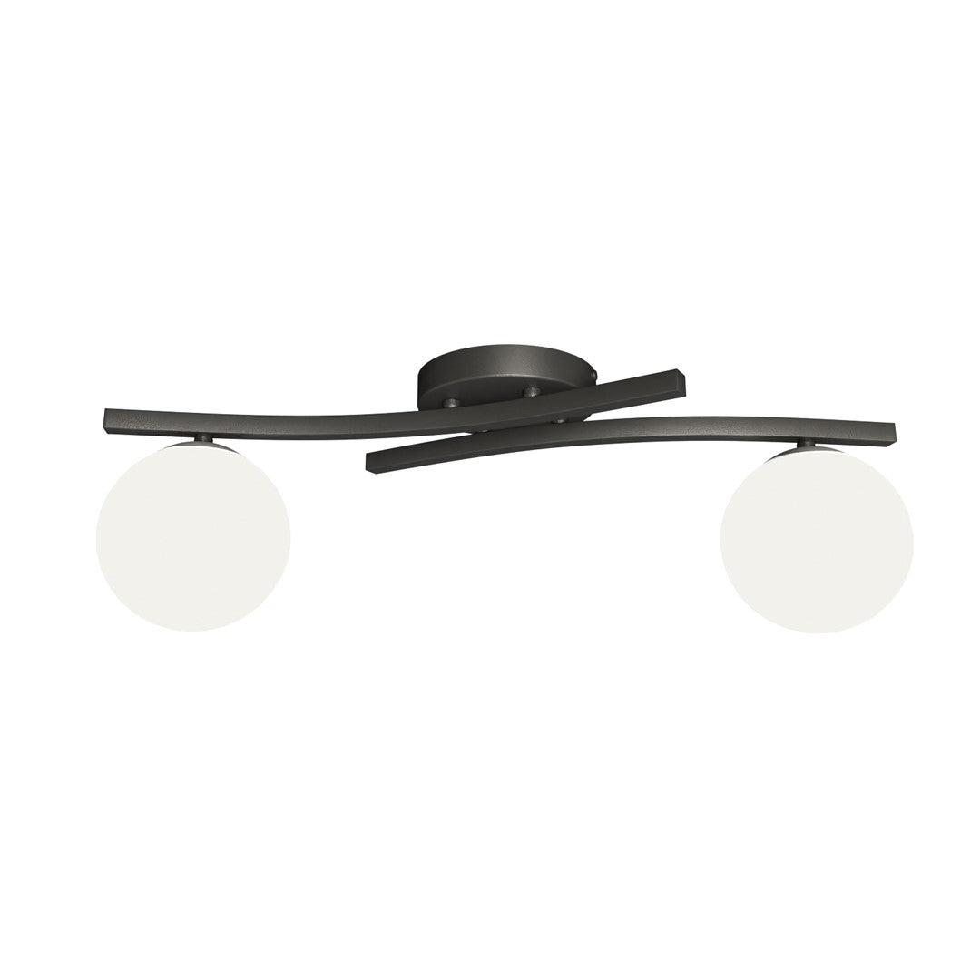 Second angle du luminaire montrant les bras métalliques croisés et les diffuseurs sphériques.