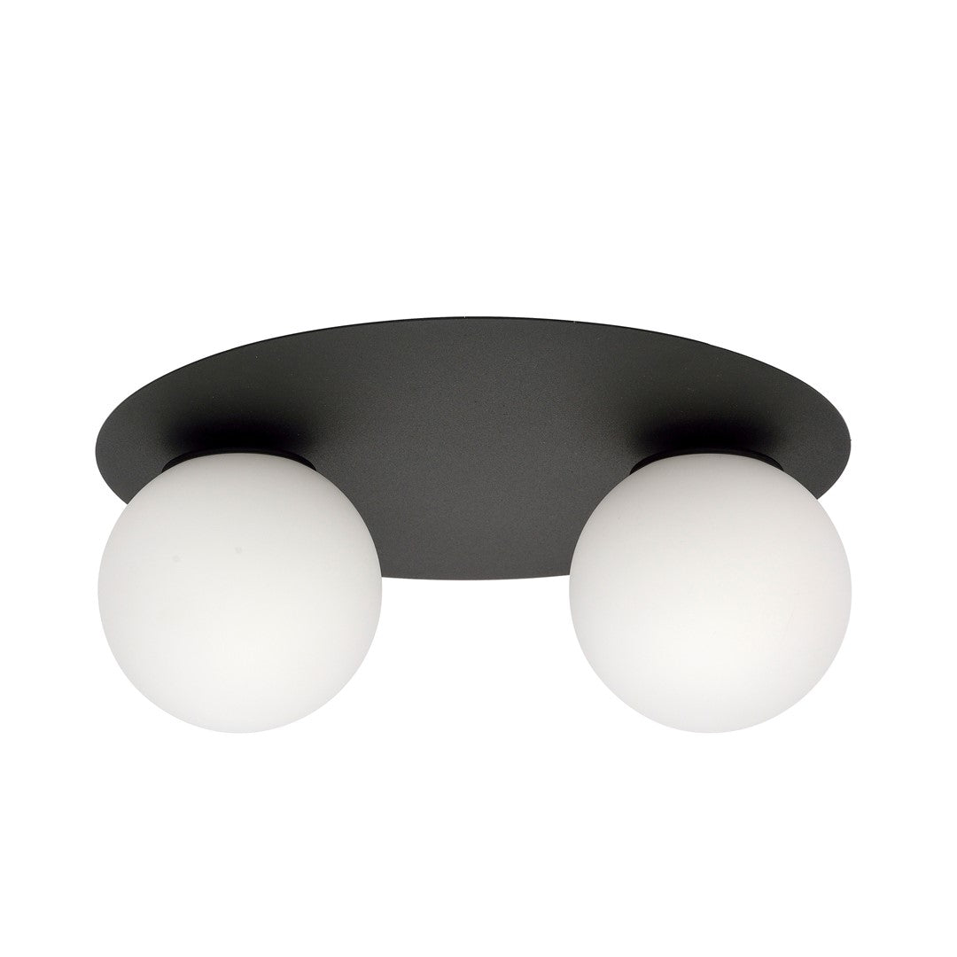 Plafonnier noir à deux globes opale éteints, vue de face sur fond blanc.