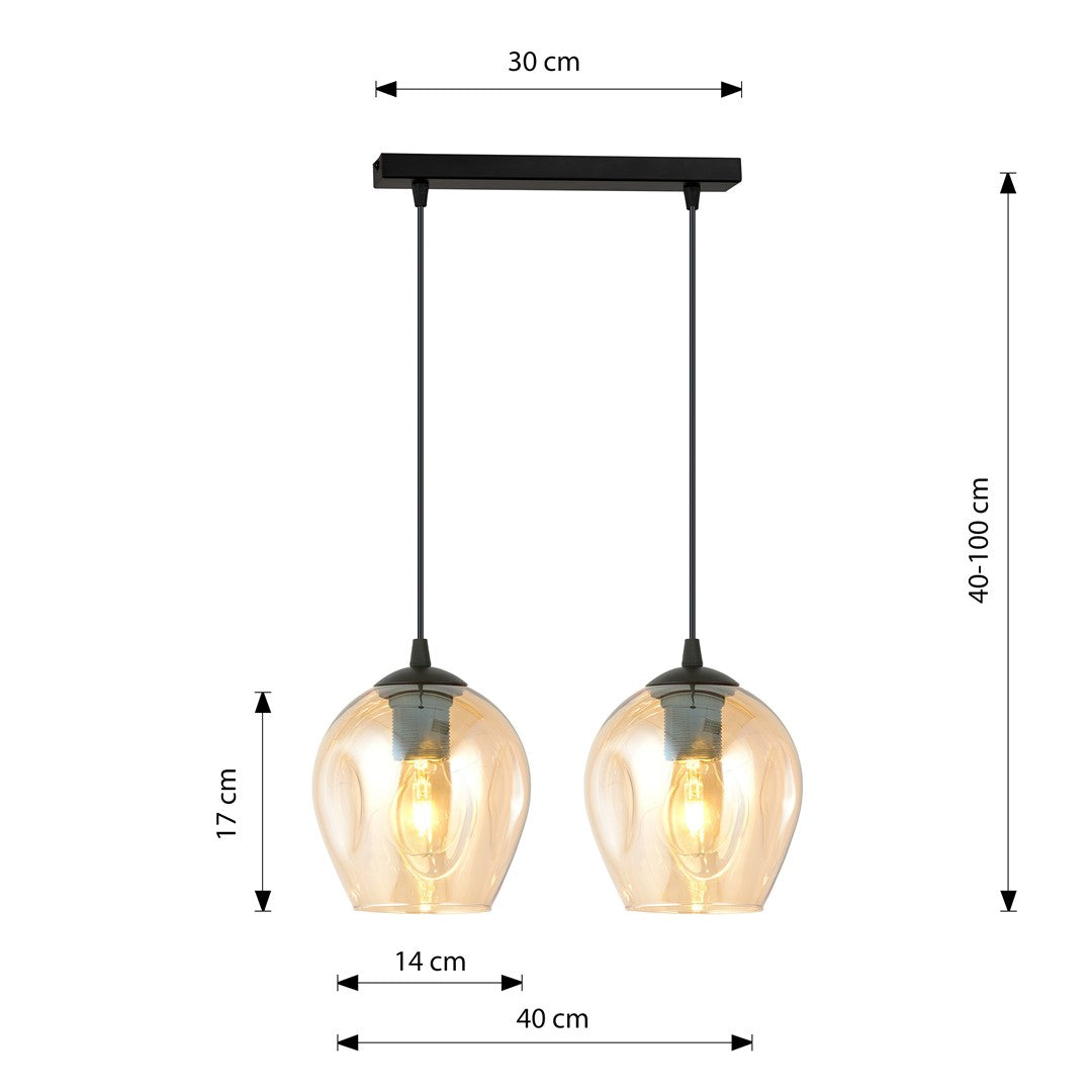 Schéma coté du luminaire : 40 cm de large, 17 cm de haut, câble réglable.