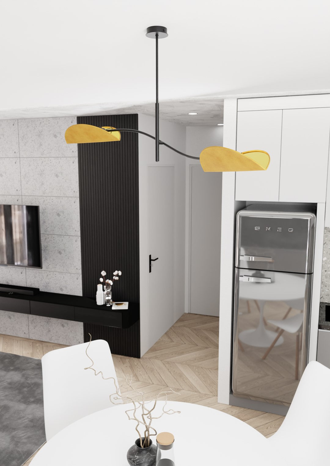 Mise en ambiance au-dessus d'une table blanche dans une cuisine moderne