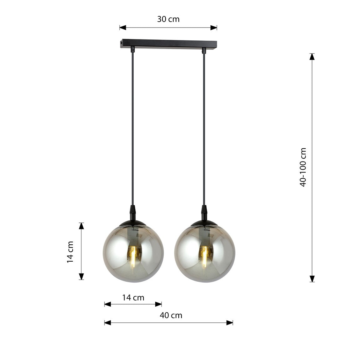 Schéma coté montrant barre de 30 cm, globes de 14 cm et hauteur 40 à 100 cm
