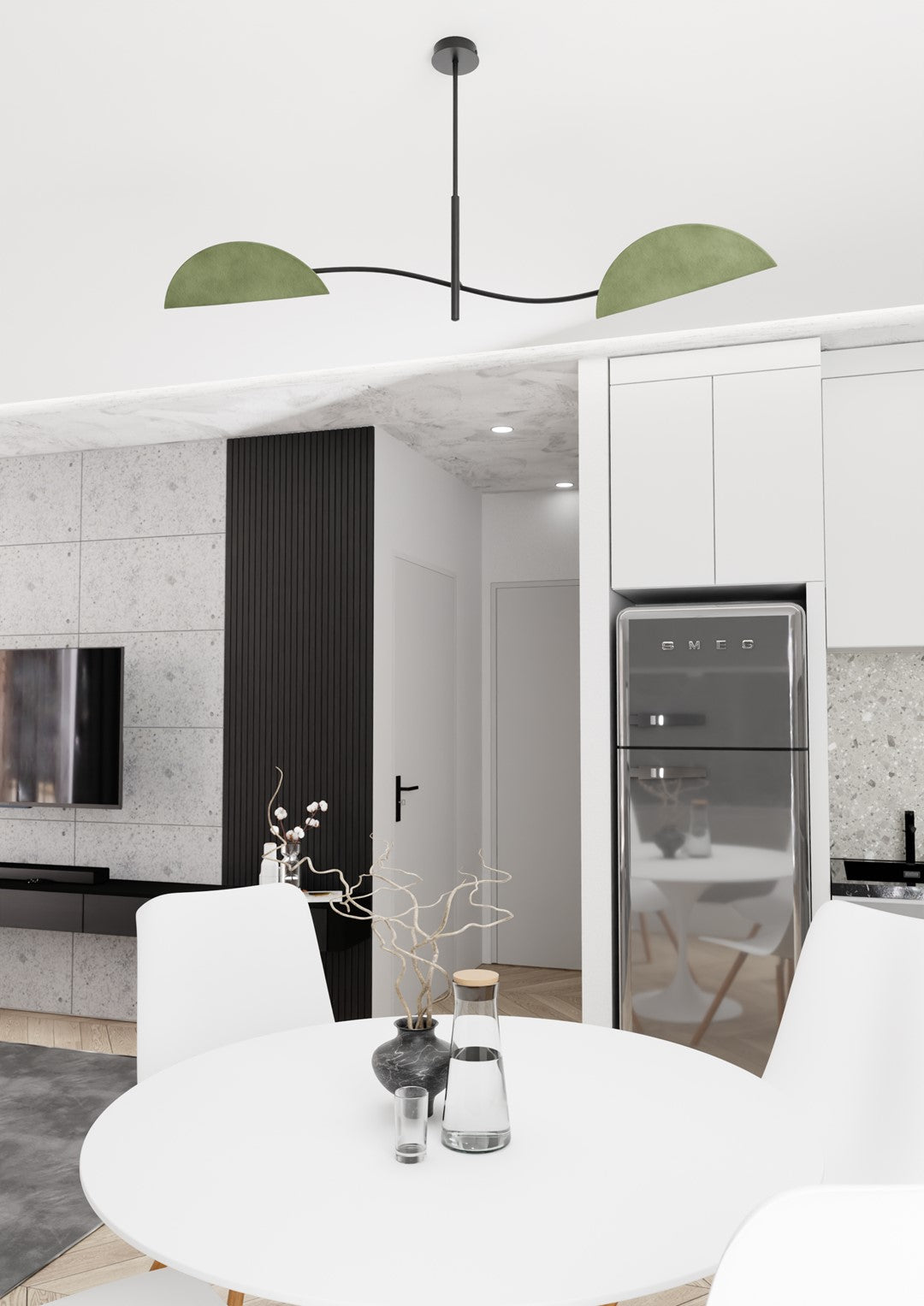 Mise en ambiance au-dessus d'une table ronde blanche dans une cuisine claire