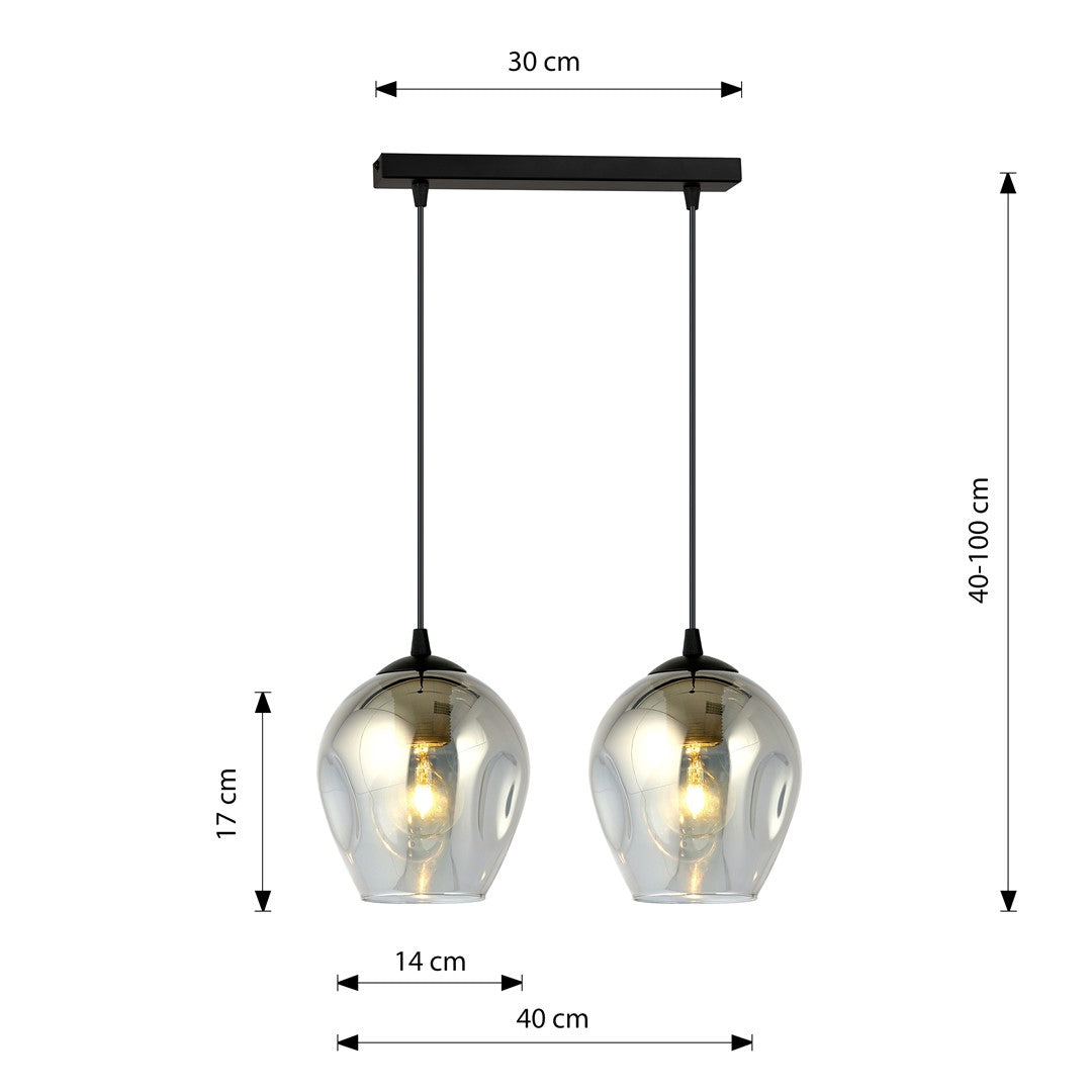 Schéma coté du luminaire, hauteur réglable et entraxe des deux globes