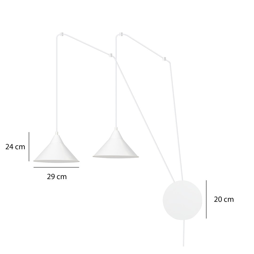 Schéma de dimensions : abat-jour 29 cm sur 24 cm et disque mural de 20 cm.