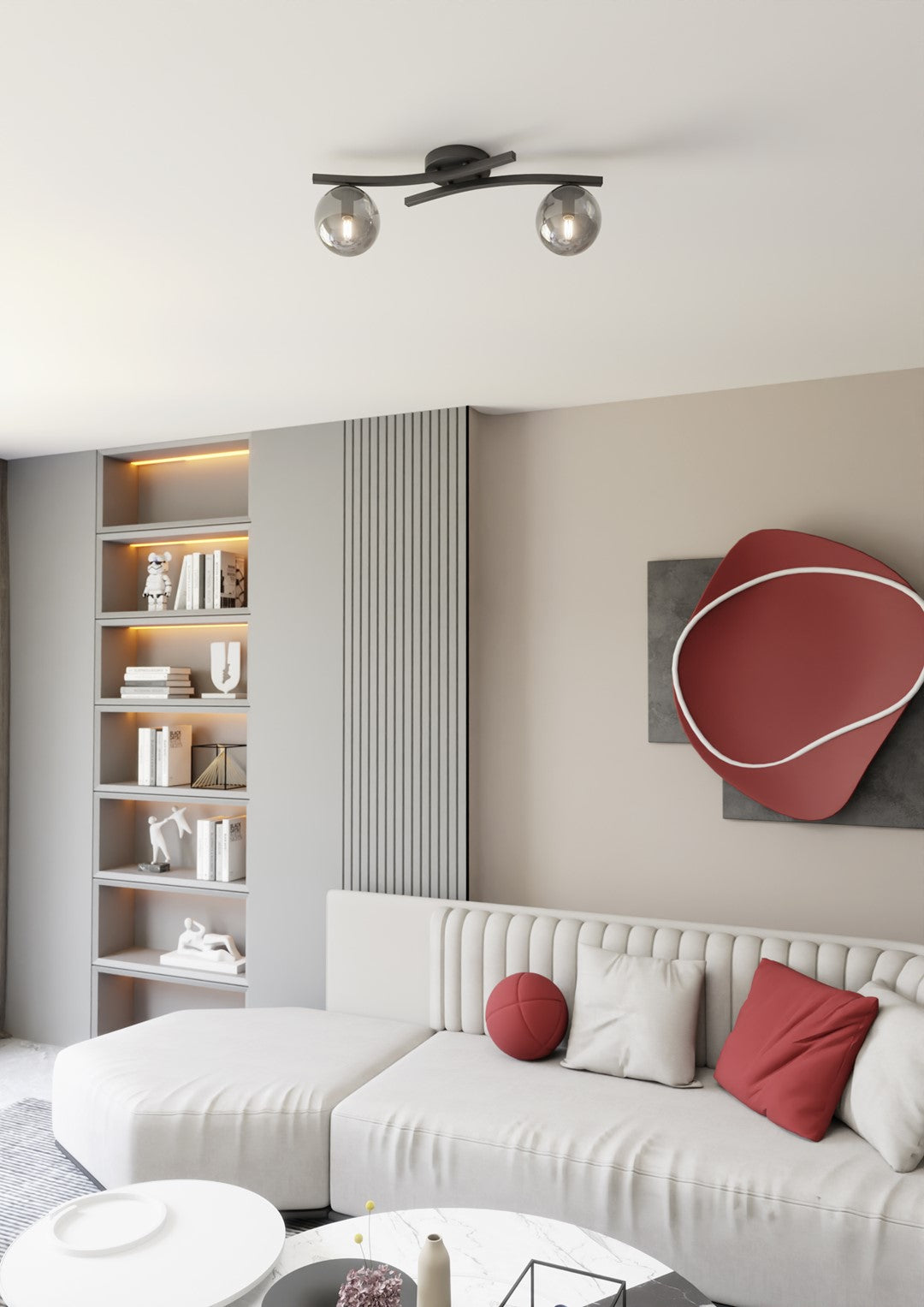 Mise en ambiance dans un salon moderne, luminaire fixé au plafond au-dessus du canapé