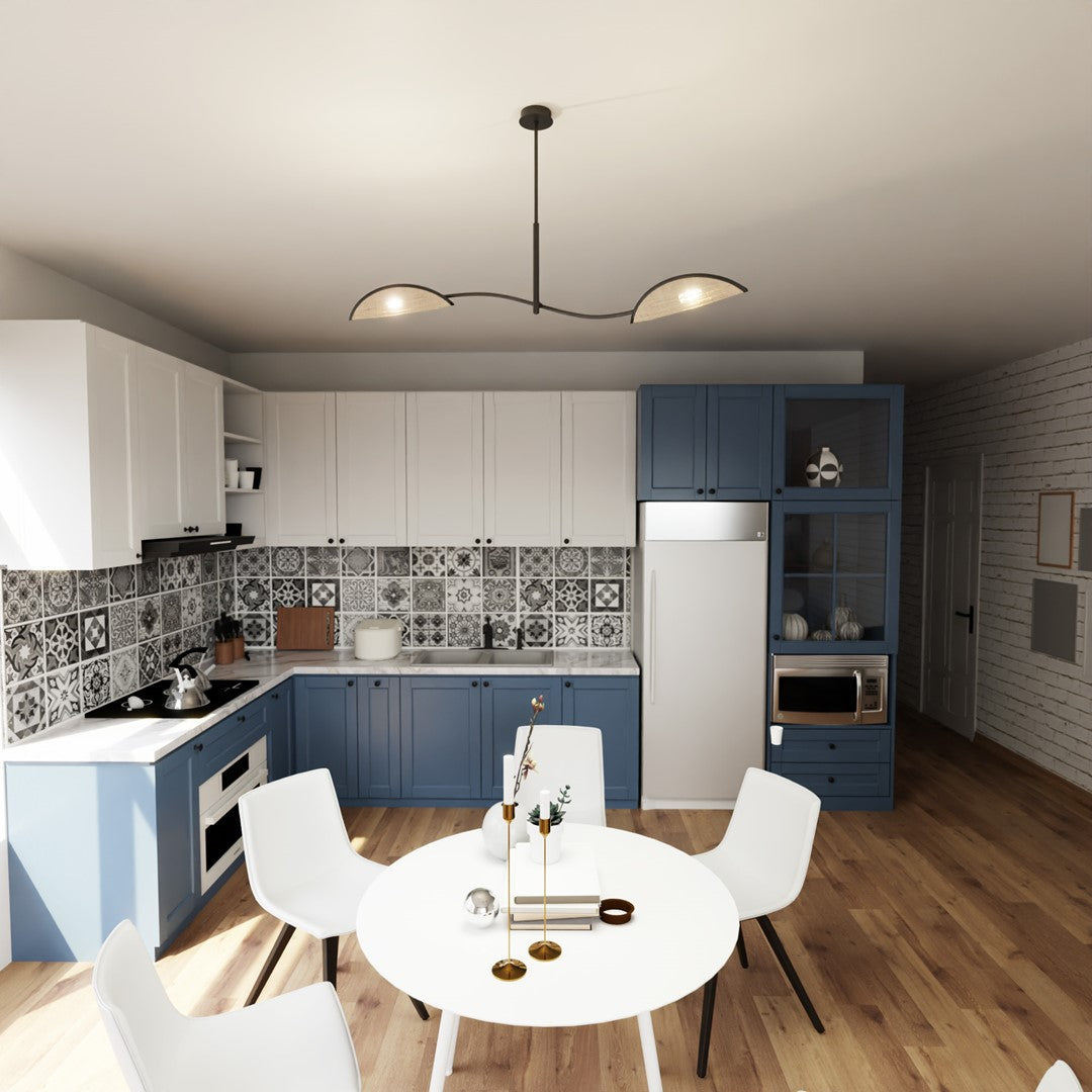 Mise en situation large : cuisine moderne, table ronde blanche et suspension allumée