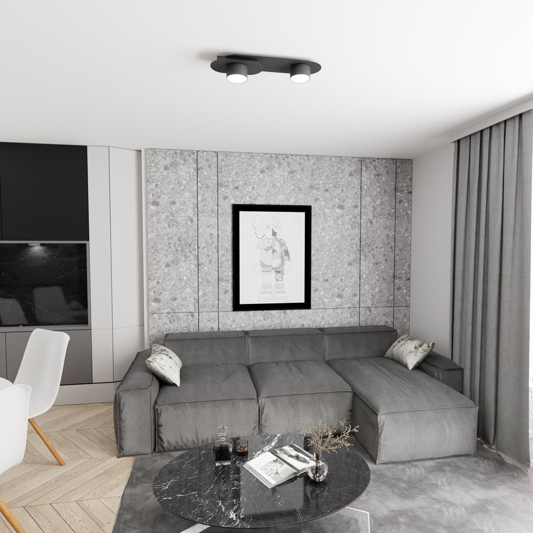 Mise en ambiance fixée au plafond d'un salon gris clair contemporain
