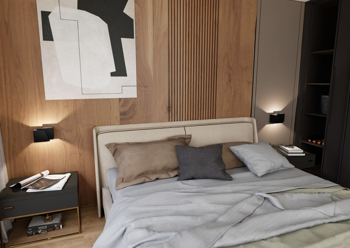 Chambre complète avec deux appliques murales noires de part et d'autre du lit