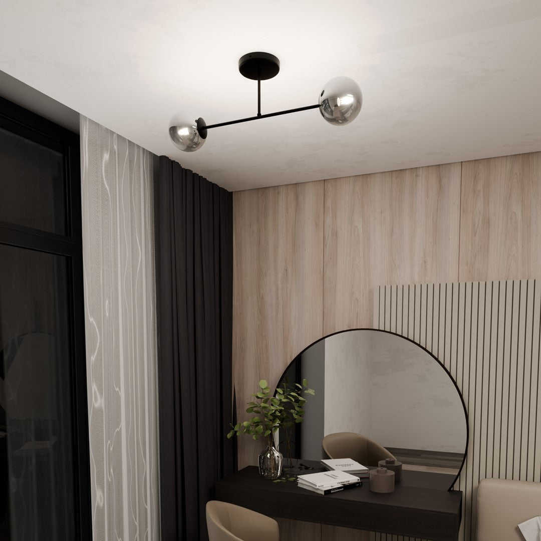Luminaire fixé au plafond devant une fenêtre, ambiance chambre avec rideaux sombres
