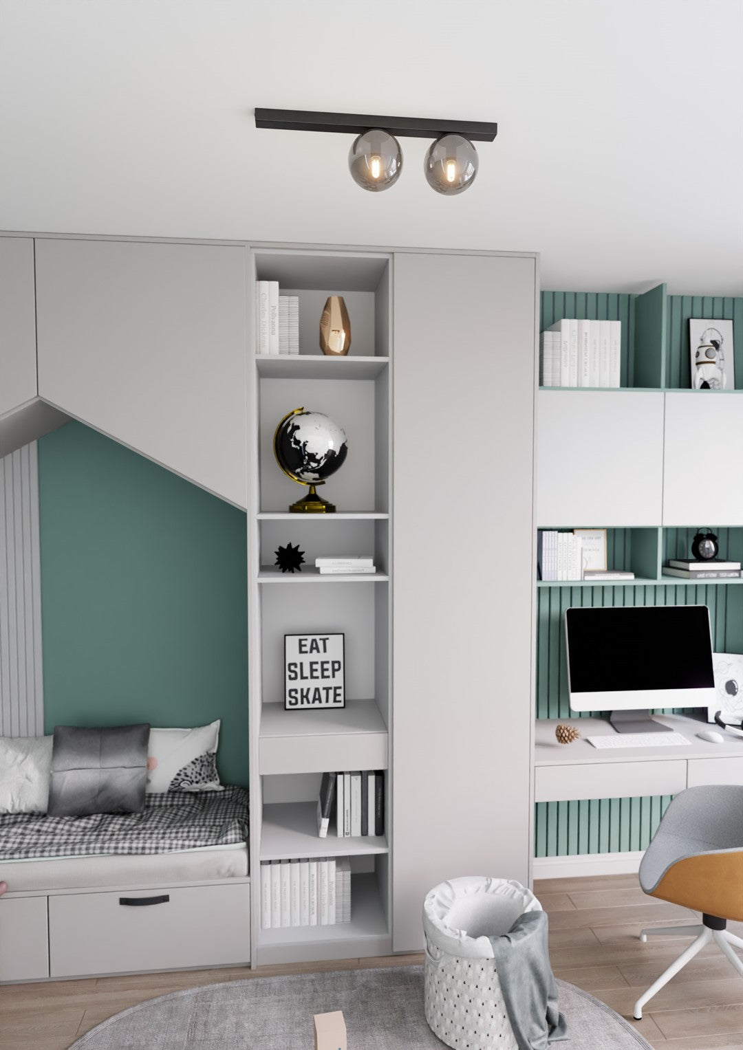Vue d'ensemble d'une chambre avec le plafonnier fixé au plafond, au-dessus d'un espace bureau et lecture.