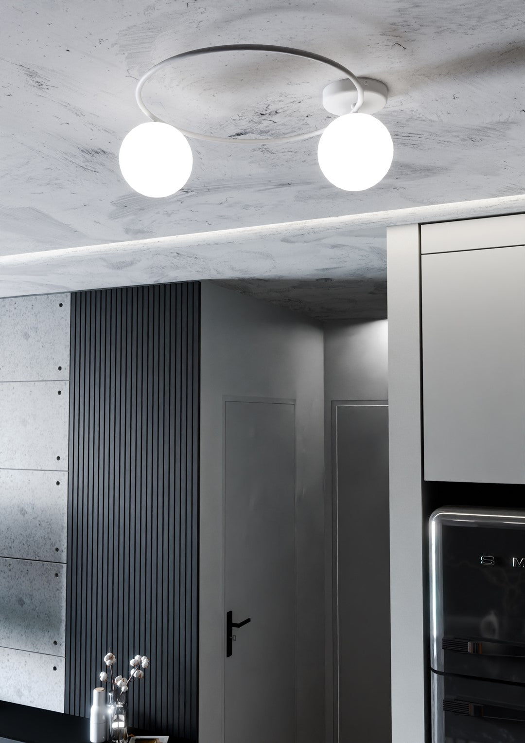 Luminaire fixé au plafond béton ciré, ambiance cuisine contemporaine grise