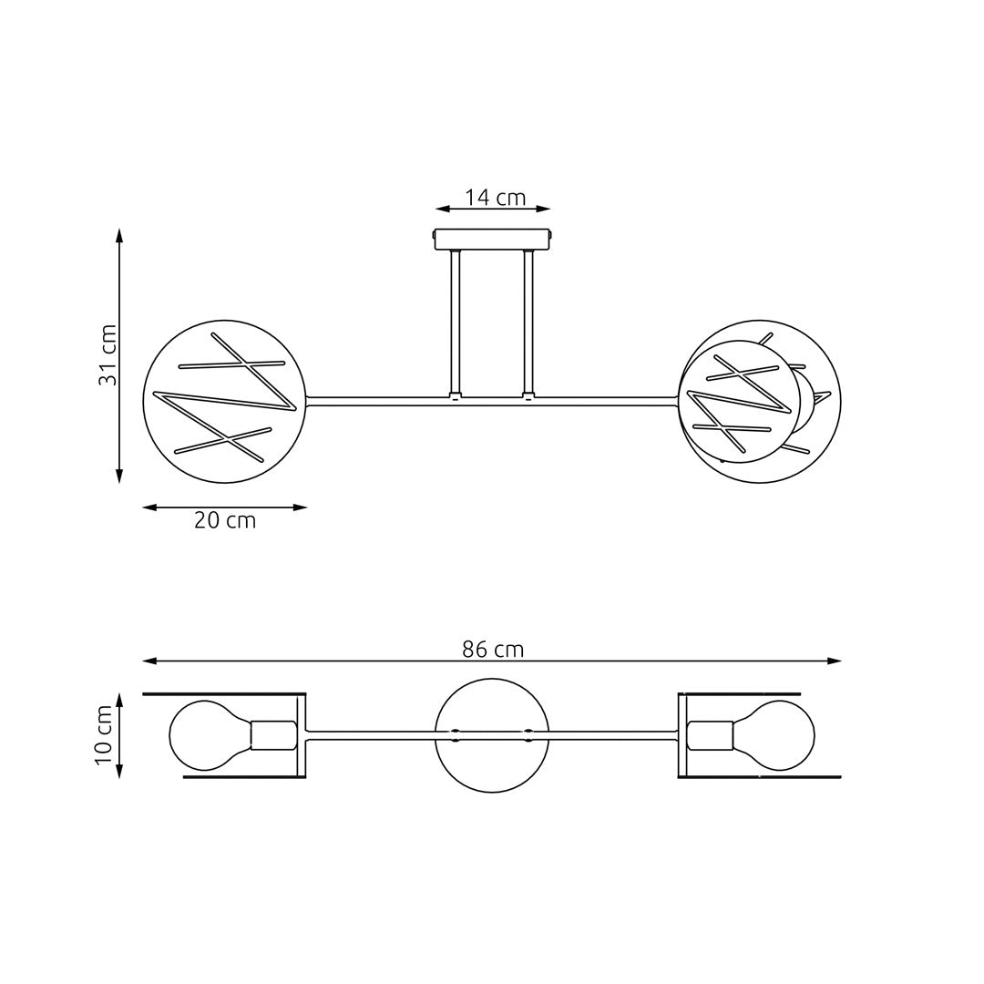 Schéma technique coté du luminaire avec largeur totale et hauteur indiquées