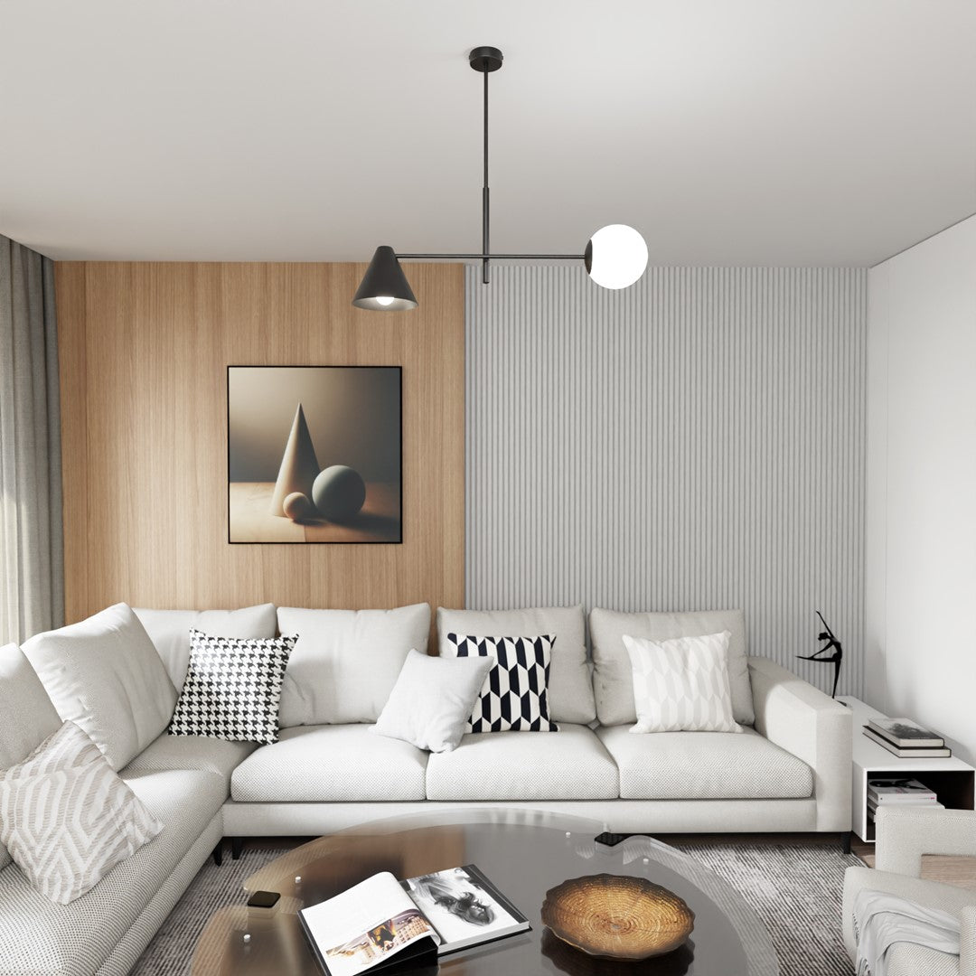 Plan large du séjour montrant le lustre suspendu et l'ensemble du mobilier