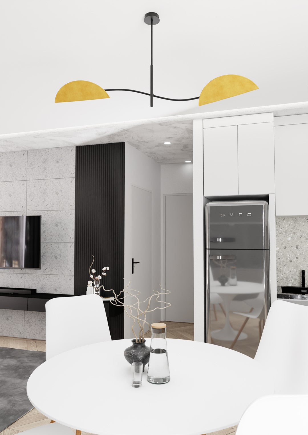 Vue en contre-plongée du luminaire suspendu au-dessus de la table à manger