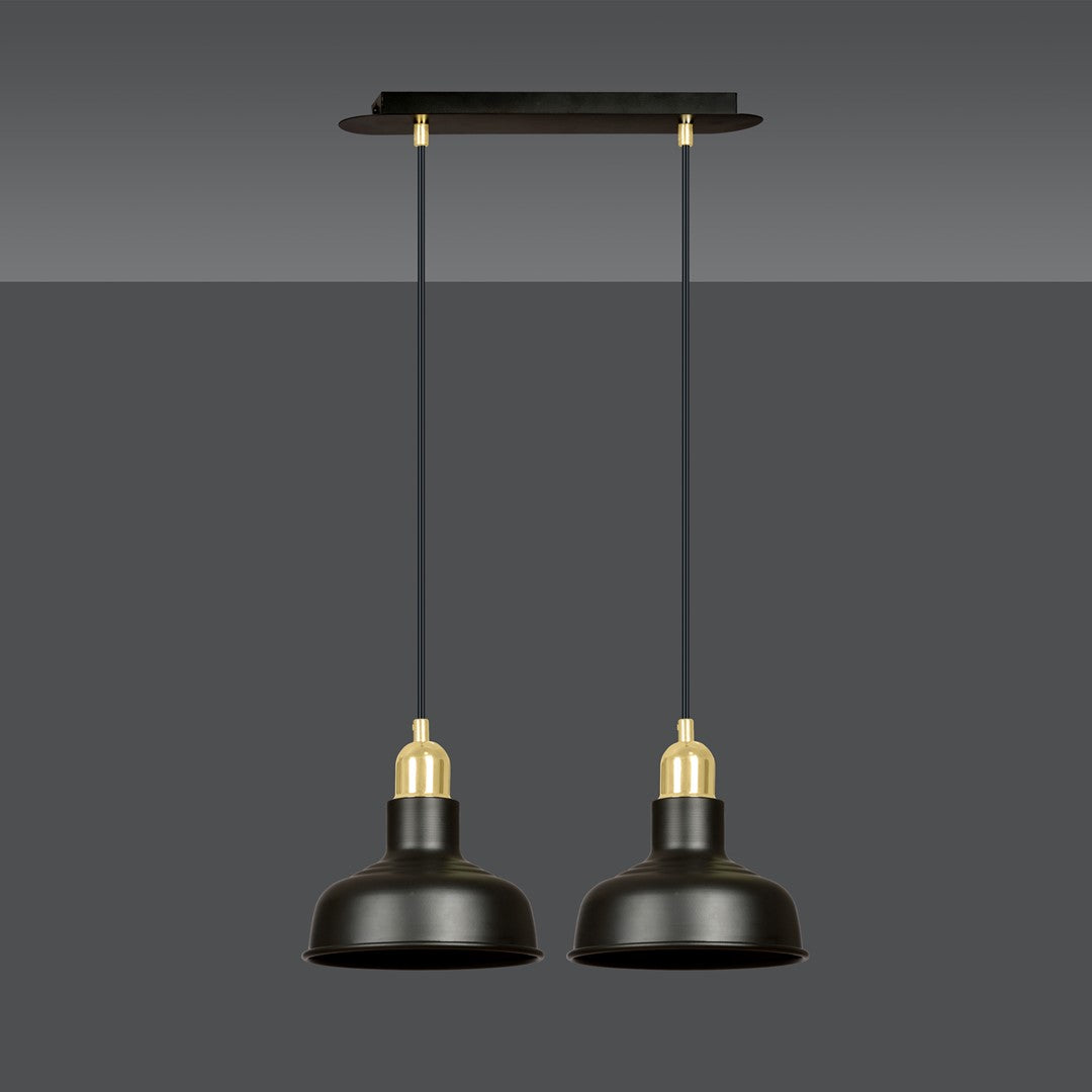 Vue de face sur fond gris anthracite, suspension noire et dorée éteinte.