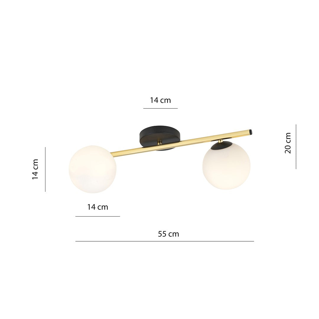 Schéma coté du luminaire : 55 cm de large, 20 cm de haut, globes de 14 cm