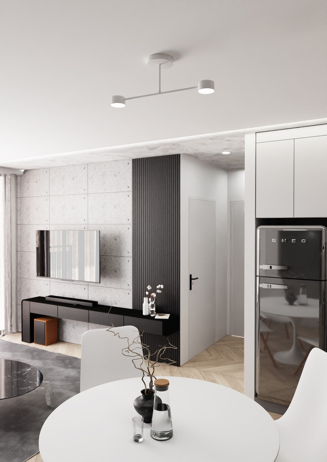 Mise en ambiance du plafonnier dans un séjour contemporain avec cuisine équipée