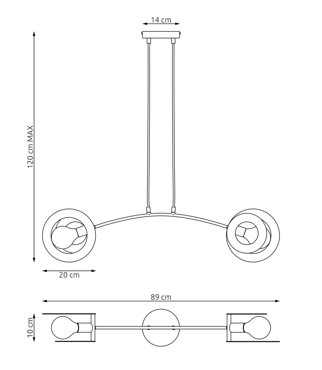 Schéma coté : hauteur maximale 120 cm, largeur 89 cm, rosace 14 cm