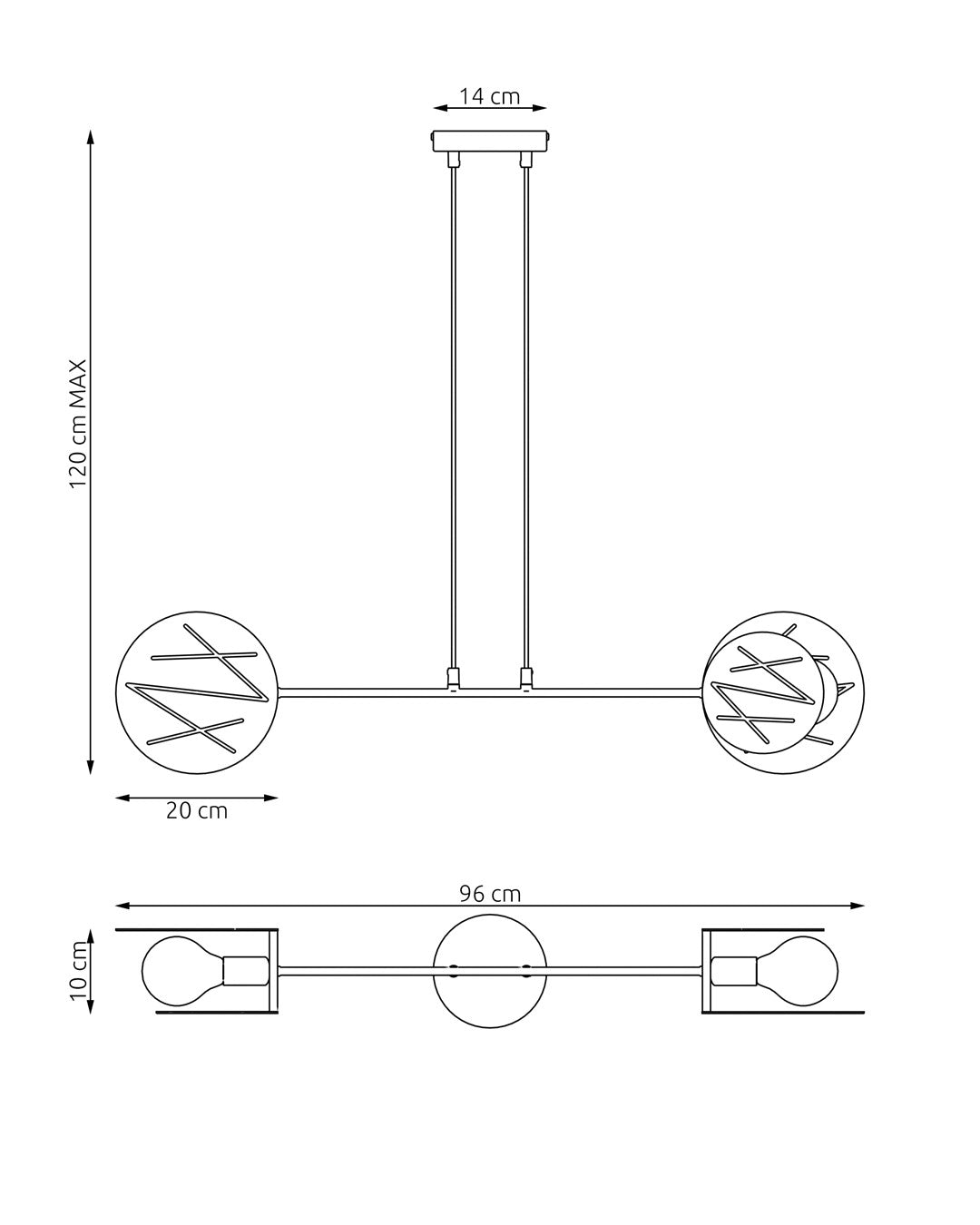 Schéma de dimensions de la suspension blanche, hauteur maximale et largeur indiquées.