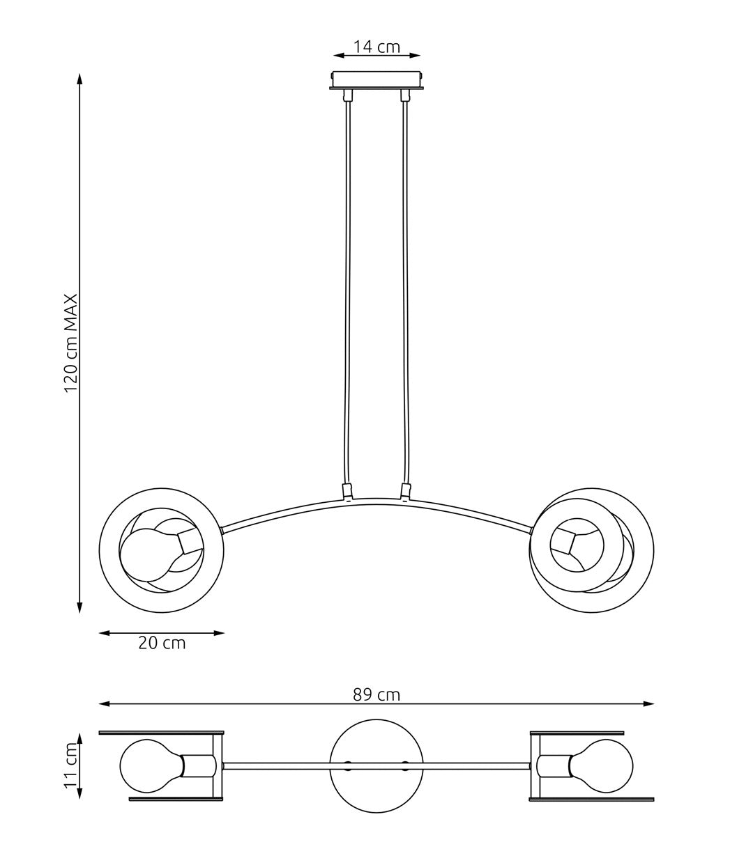 Schéma coté du luminaire indiquant 120 cm de hauteur maximale et 89 cm de largeur