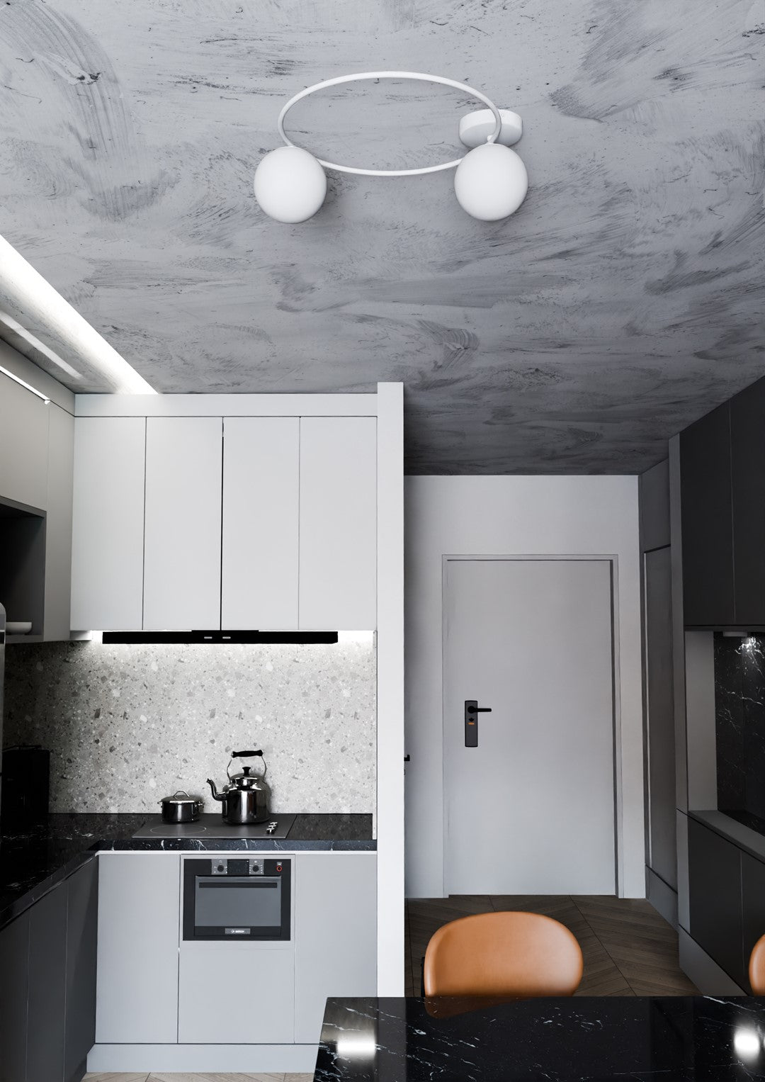 Second angle du plafonnier dans une cuisine aux façades mates et plafond gris