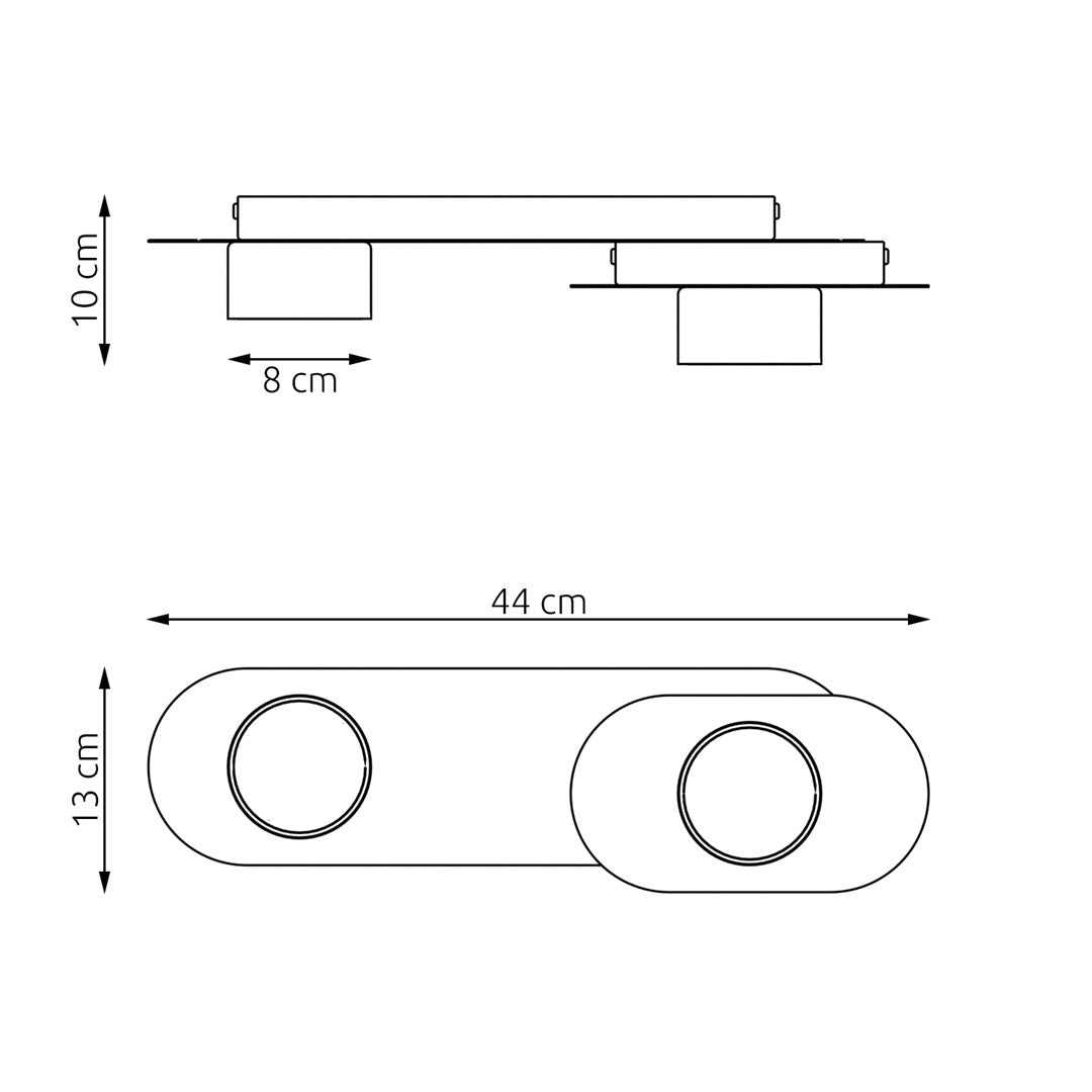 Schéma coté du luminaire : 44 cm de long, 13 cm de large, 10 cm de haut