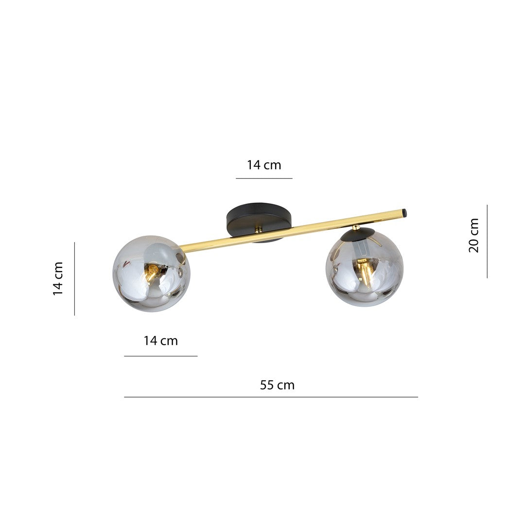 Schéma coté du plafonnier : largeur 55 cm, hauteur 20 cm, globes 14 cm