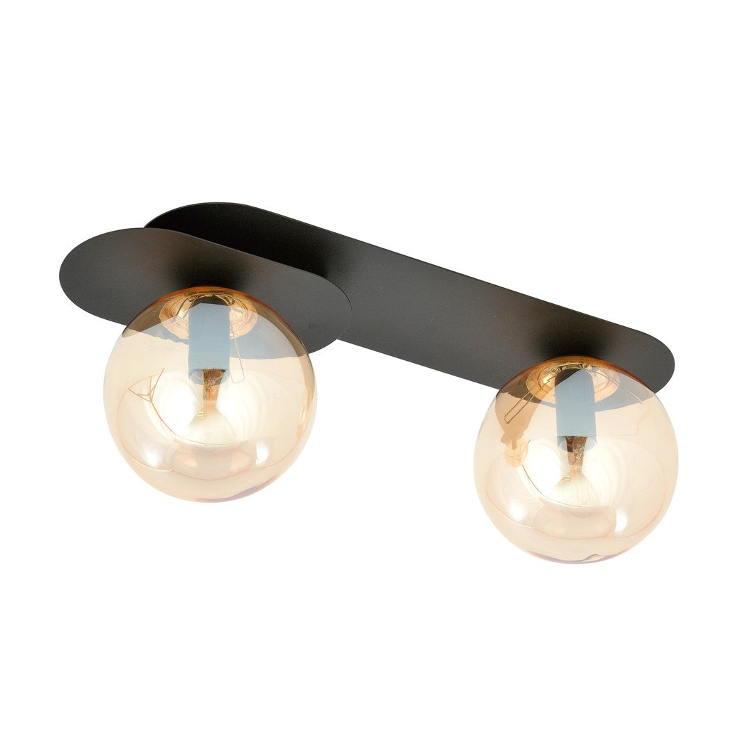 Vue en plongée trois quarts du luminaire, ampoules et douilles bien visibles