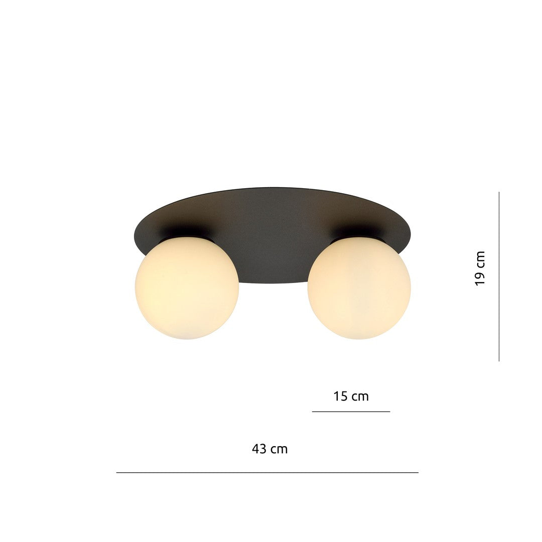 Schéma de dimensions du plafonnier : largeur 43 cm, hauteur 19 cm, verre 15 cm.