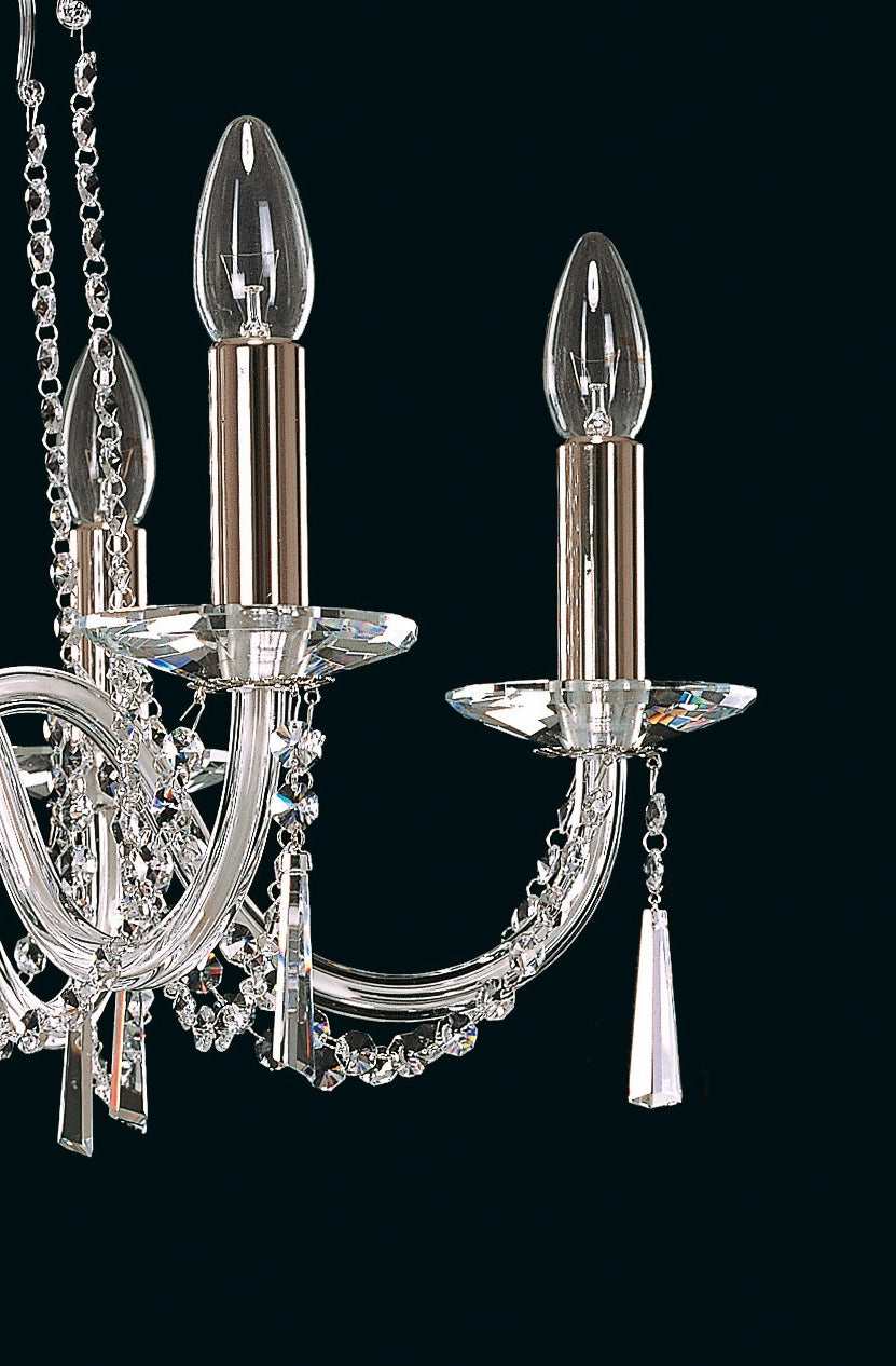 Détail des bras, coupelles en cristal et douilles chromées avec bougies