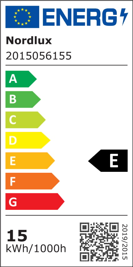 Étiquette énergie européenne du luminaire indiquant la classe E et 15 kWh/1000h