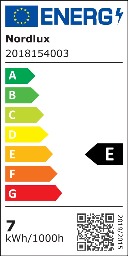 Étiquette énergie européenne indiquant la classe E et la consommation de 7 kWh.