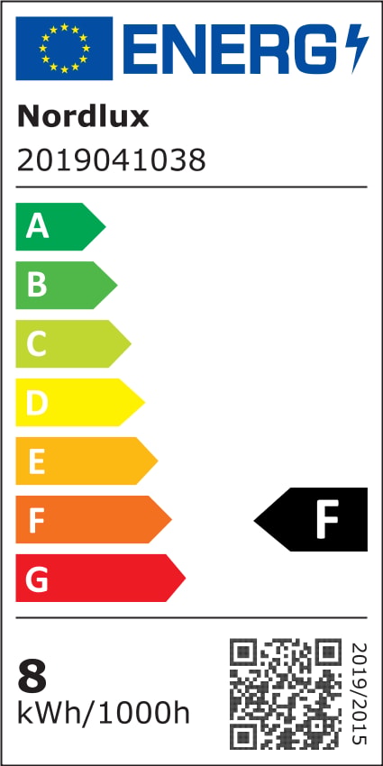 Étiquette énergétique européenne indiquant la classe F et 8 kWh/1000h.