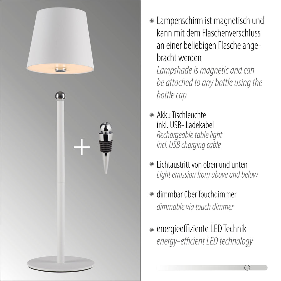 Fiche technique illustrée avec puces en allemand et anglais, lampe blanche et bouchon.