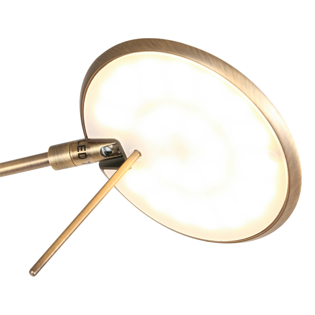 Gros plan de la tête allumée diffusant une lumière chaude, mention LED sur le bras