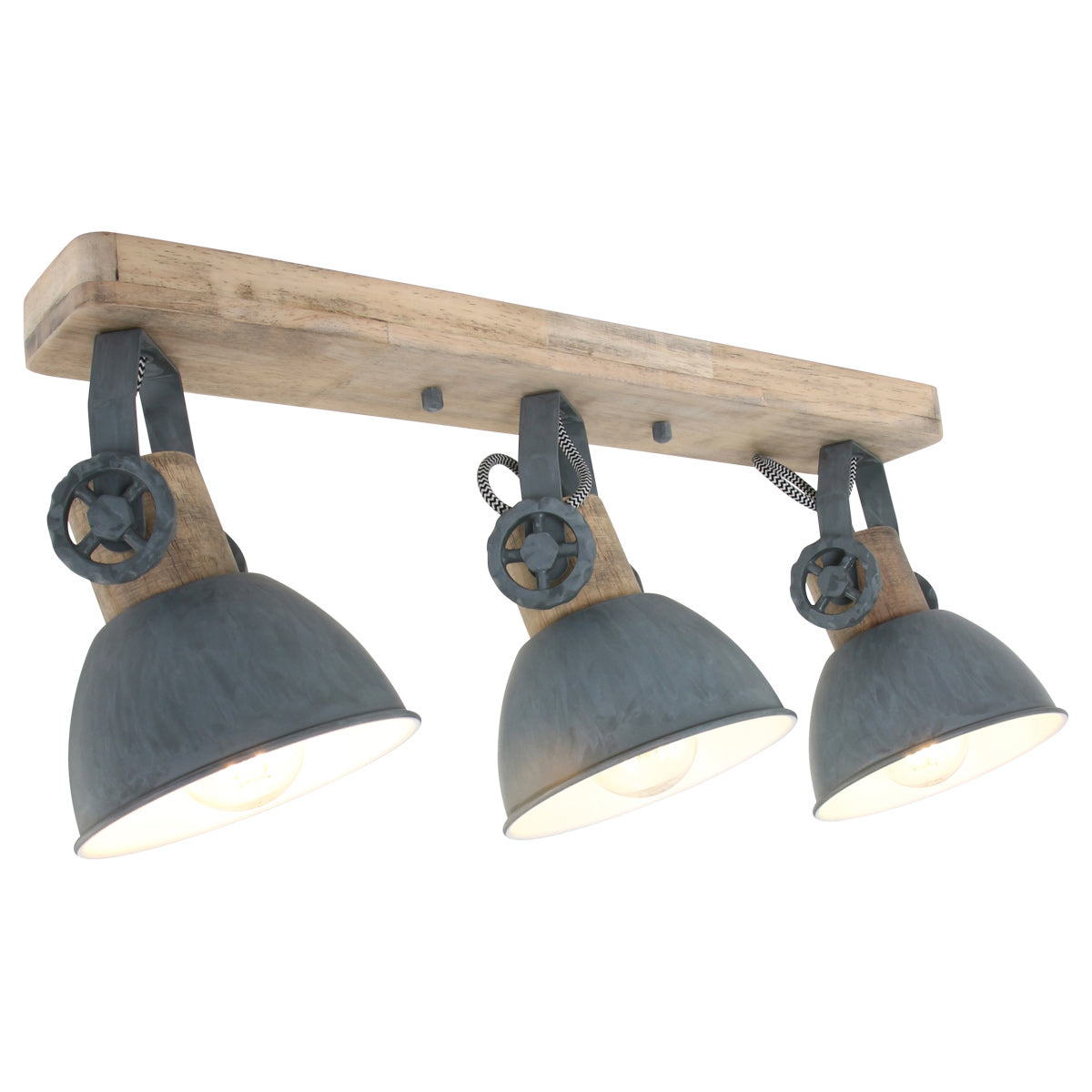 Plafonnier industriel gris 3 spots orientables, bois et métal, vue de face