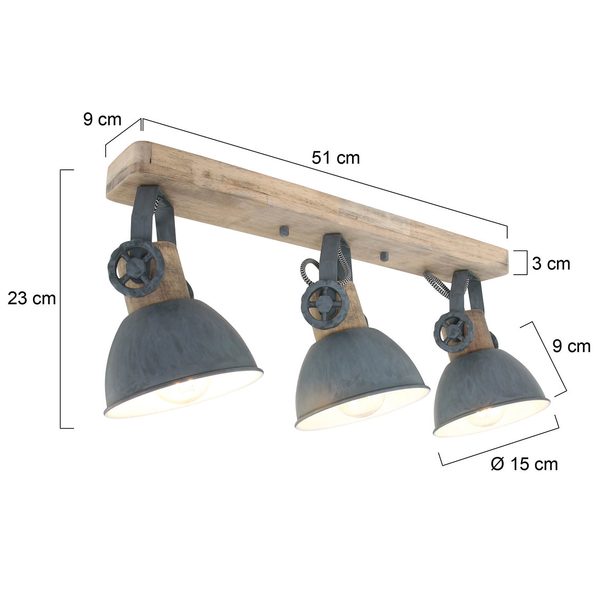 Dimensions du plafonnier industriel 3 spots Gearwood : barre 51 cm, hauteur 23 cm, abat-jour Ø 15 cm