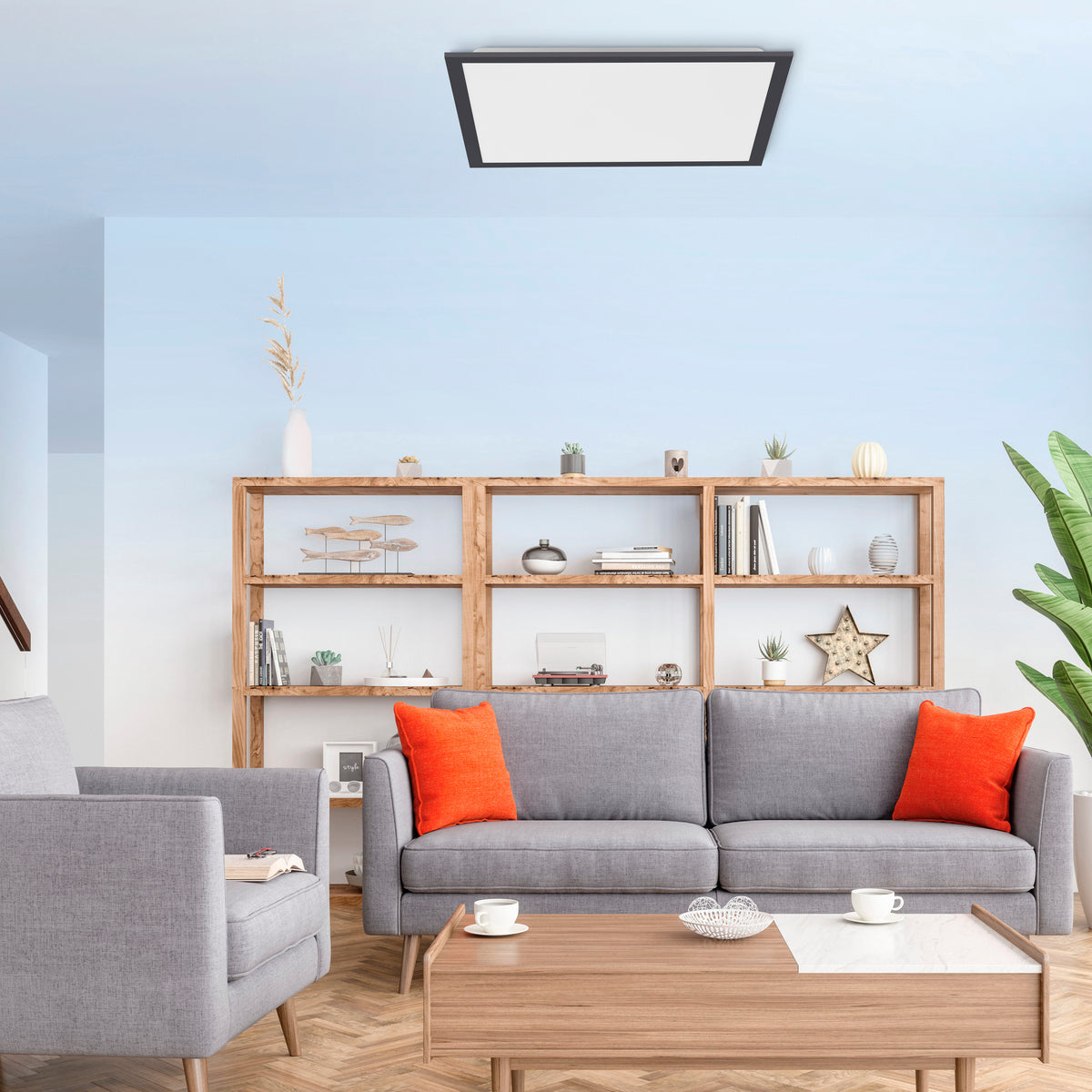 Mise en ambiance dans un salon, plafonnier fixé au plafond au-dessus du canapé.