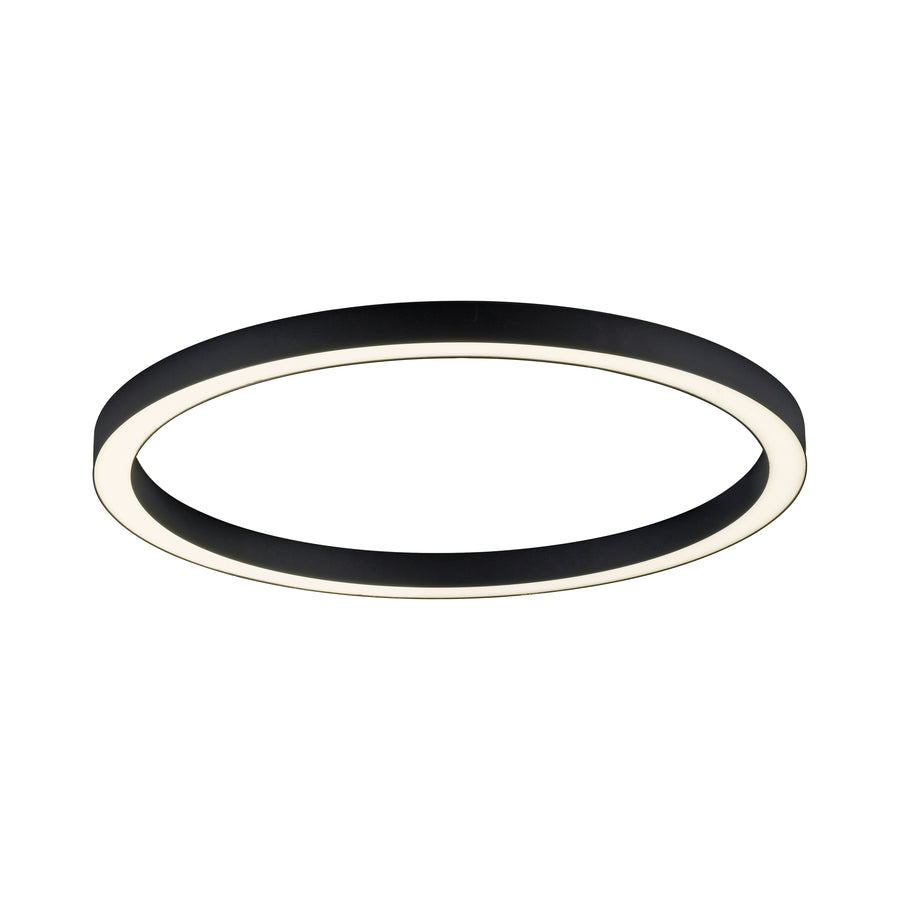 Vue de face du plafonnier anneau anthracite sur fond blanc, diffuseur blanc allumé.