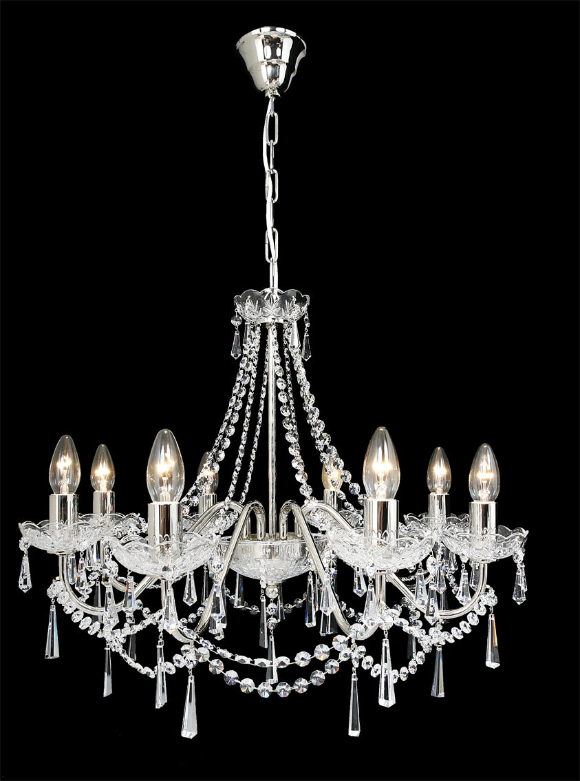 Lustre entier montrant la chaîne de suspension et le cabochon fixé au plafond