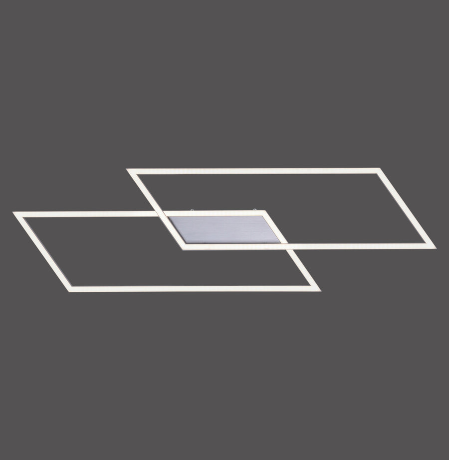 Plafonnier rectangulaire à deux cadres entrecroisés, présenté sur fond gris anthracite.