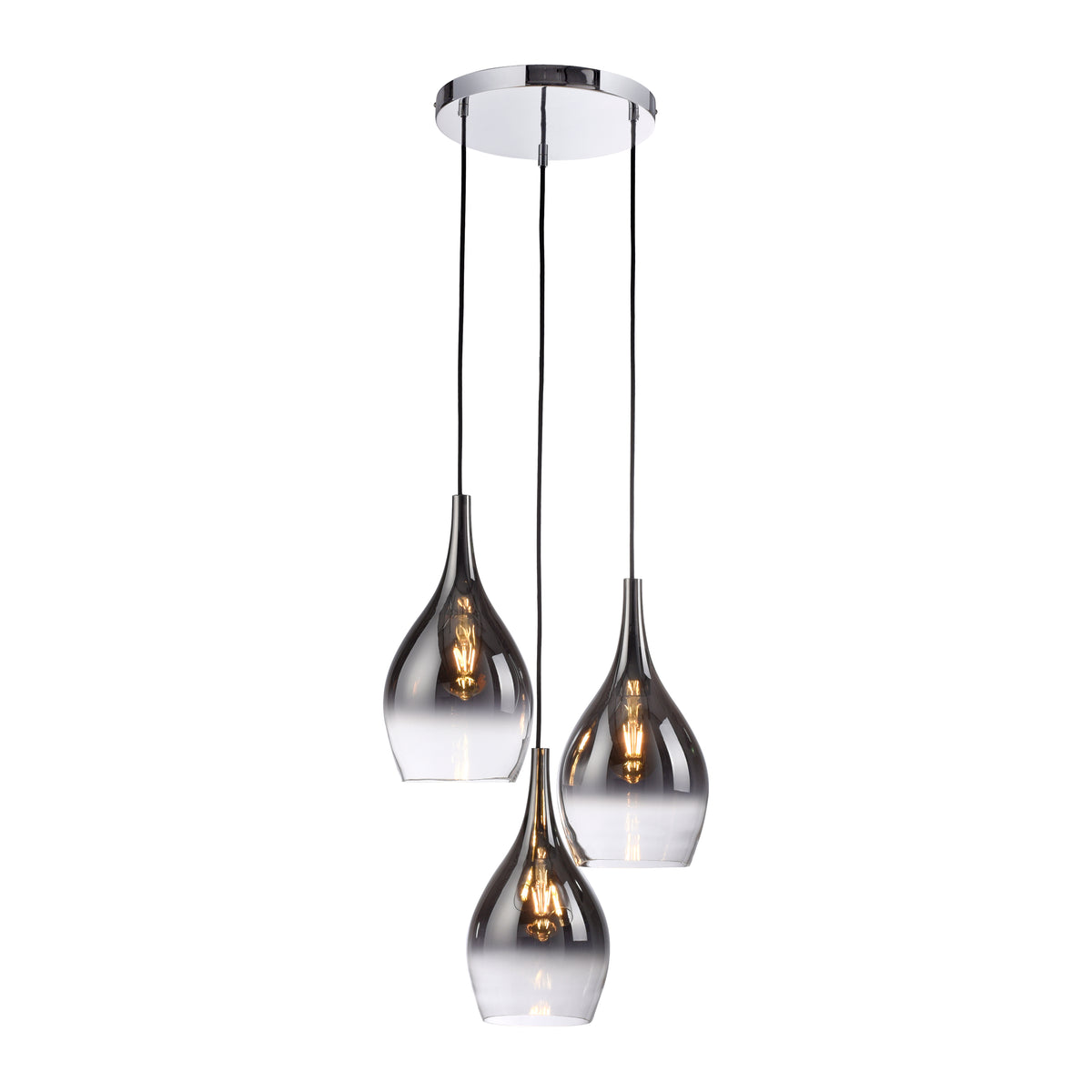Vue de face sur fond blanc du luminaire à trois abat-jours goutte transparents