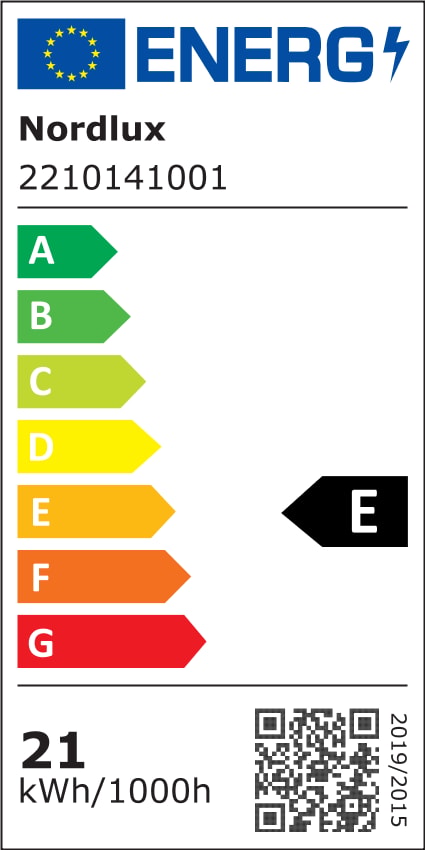 Étiquette énergie européenne classe E, consommation 21 kWh pour 1000 heures