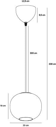 Schéma de dimensions du luminaire : hauteur totale, longueur du câble et diamètre.