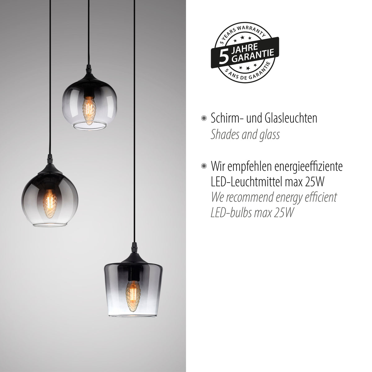 Détail de la garantie de cinq ans et des abat-jours en verre du luminaire