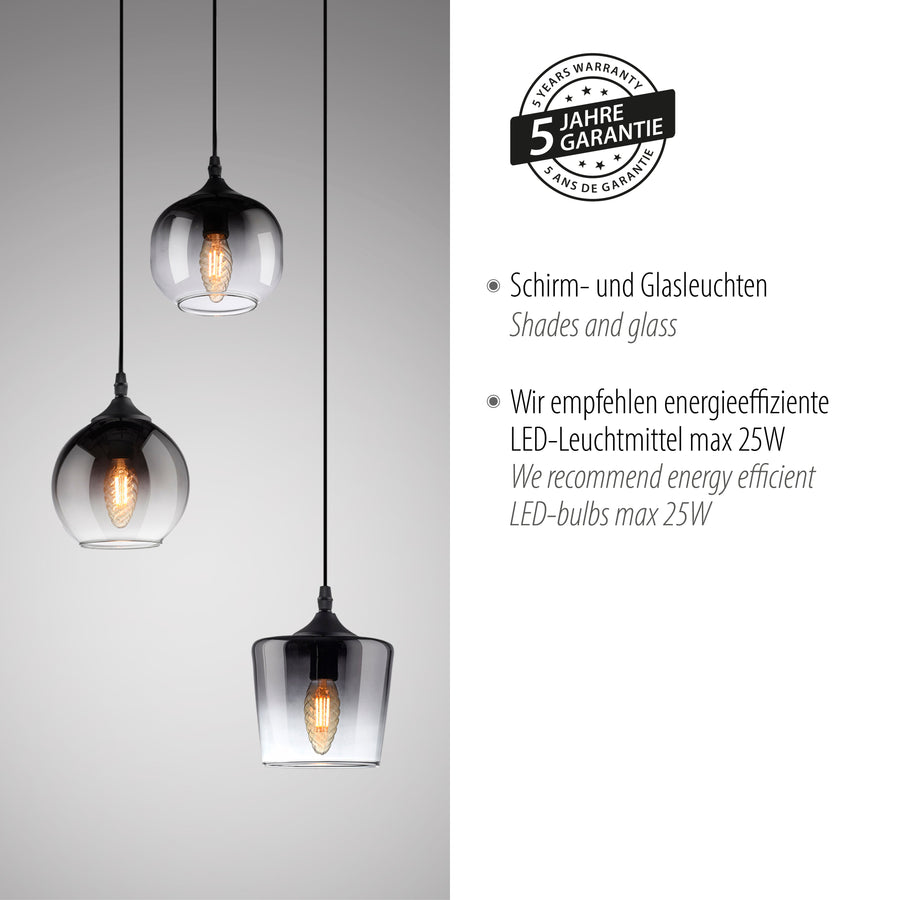 Détail de la garantie de cinq ans et des abat-jours en verre du luminaire