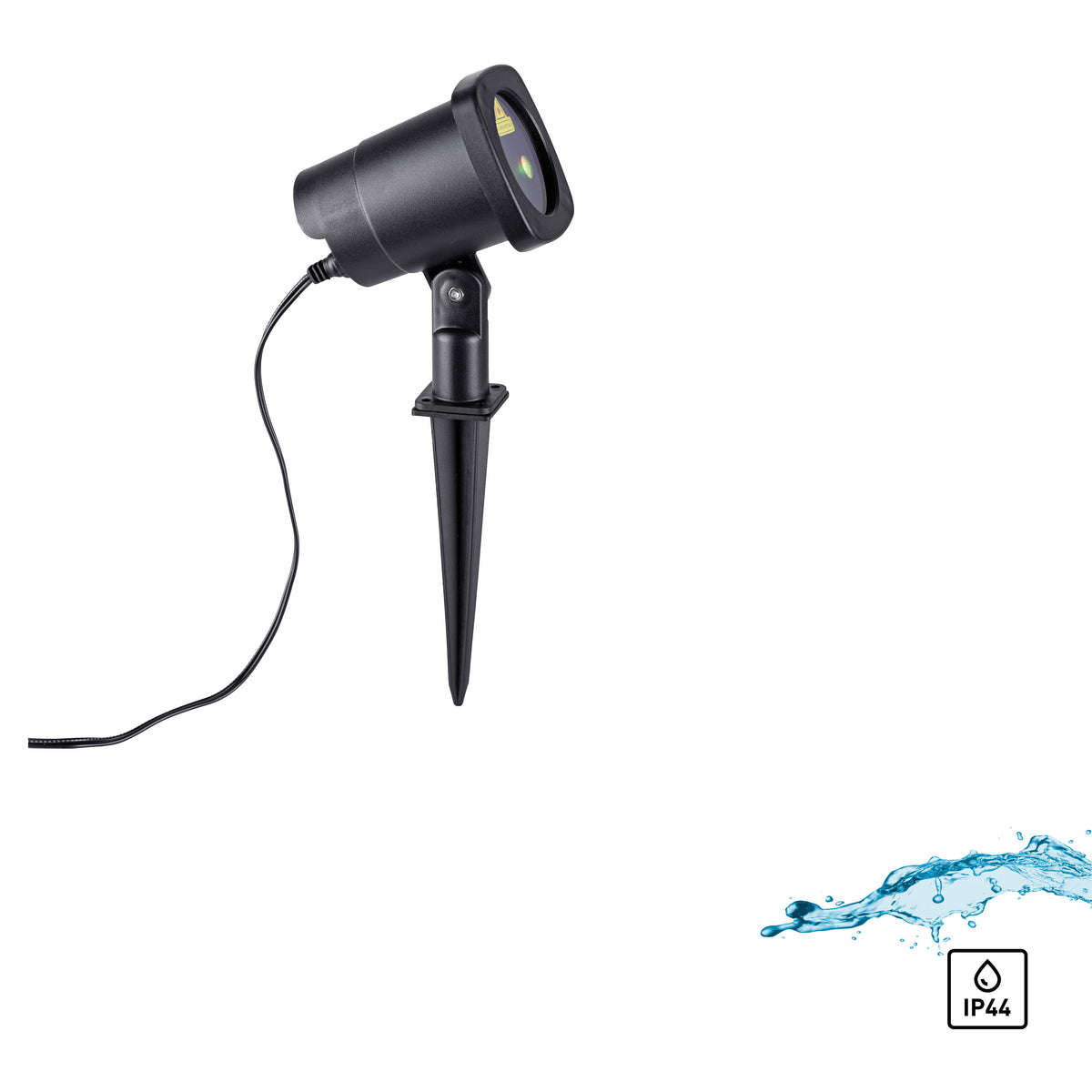 Projecteur laser noir sur fond blanc avec éclaboussures et icône IP44.