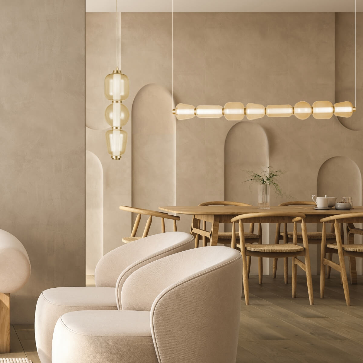 Vue rapprochée de la suspension verticale et du long bandeau lumineux au-dessus de la table.