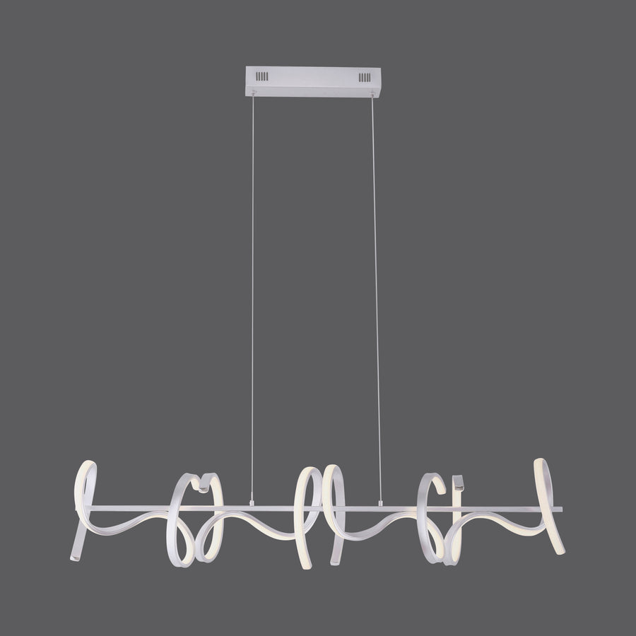 Suspension argentée vue de face, barre horizontale et boucles lumineuses blanches.