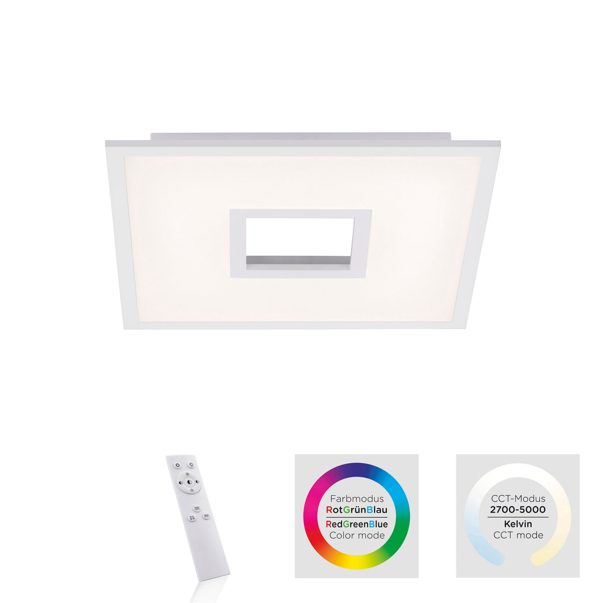 Plafonnier blanc présenté avec sa télécommande et les modes de couleur